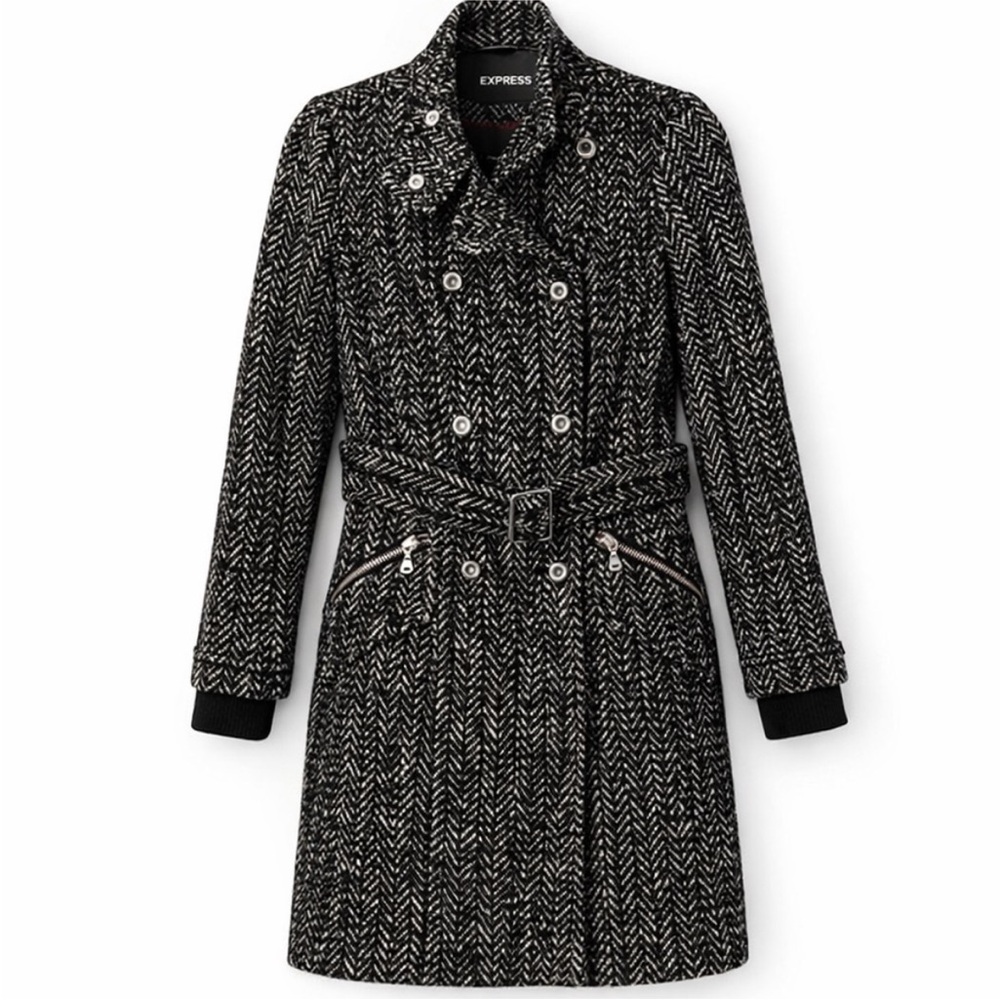 EXPRESS NWOT Wool-Blend Herringbone Belted Trench Coat Jacket Black White Tweed